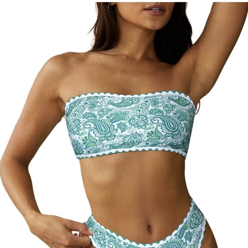 NWOT ZAFUL Strapless Bandeau White & Green Textured Sexy Different Bikini